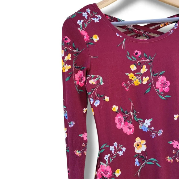 No Boundaries Juniors Burgundy Floral Long Sleeve Dress Small - Picture 4 of 8